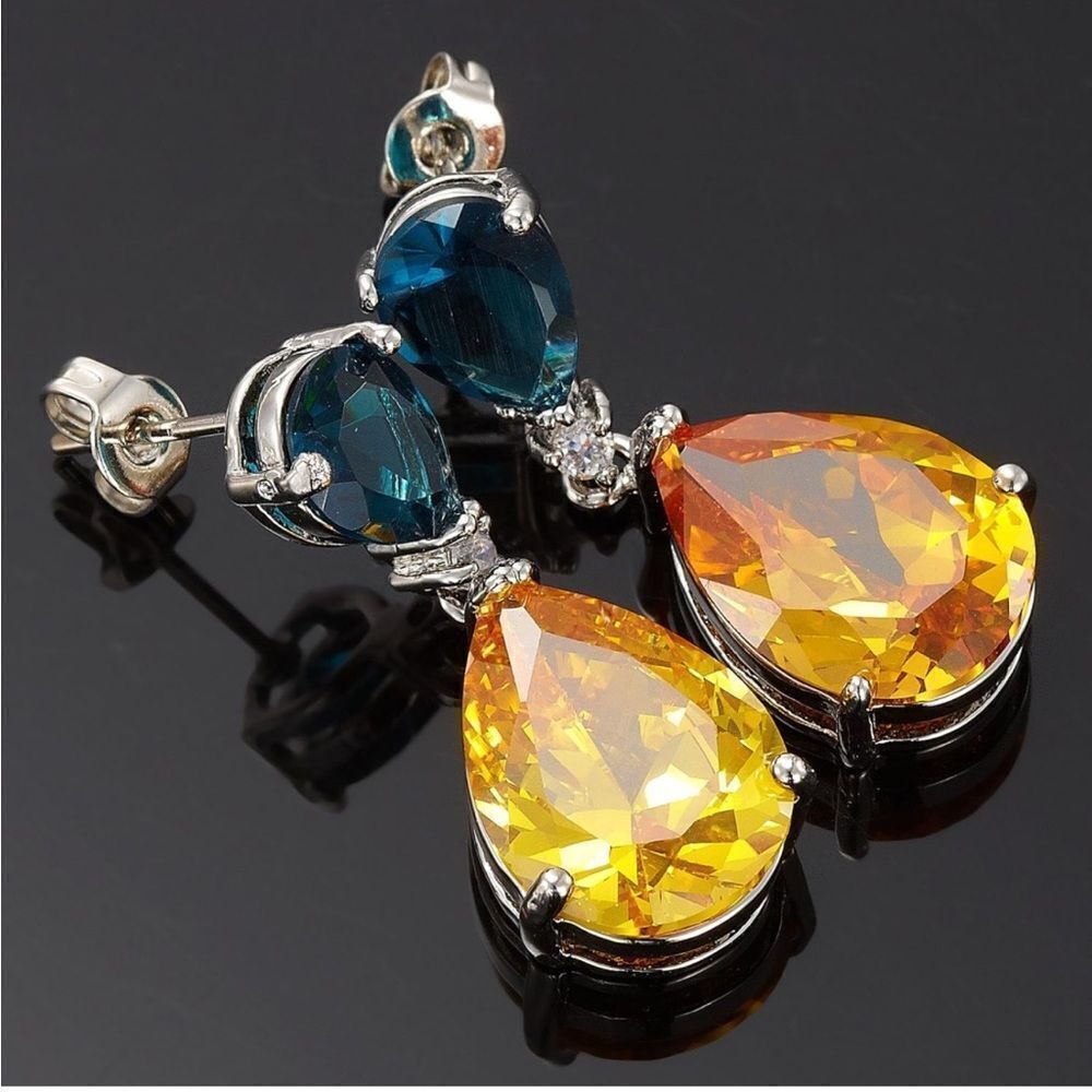 18K White Gold with Blue Sapphire and Yellow Champagne Cubic ZIrconia Earrings - Picture 3 of 6